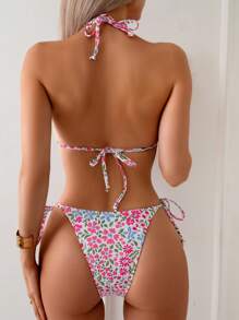 SHEIN Swim 女士花卉印花露背比基尼套装，度假泳装，随意印花，适合夏季海滩度假 - 彩色 - 查看 2