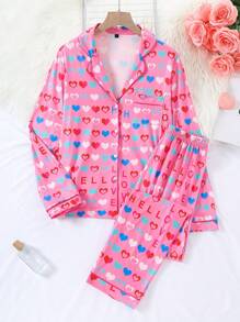 SHEIN Women's Casual Classic Lapel Pink Heart Print Top And Pants Pajama Set