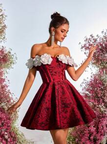 SHEIN Belle 优雅对比花卉提花面料露肩 A 字型公主裙，配有可调节后系带，婚礼宾客礼服，适合约会、生日、派对、婚礼、周年纪念、舞会、舞会礼服 - 紅色 - 查看 6