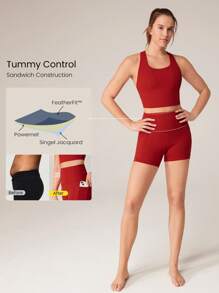 GLOWMODE 2 件 Powersculpt™ 吸汗凉爽高弹力交叉后背背心可拆卸无缝罩杯和 4.3 英寸骑行短裤带侧袋套装高强度健身跑步训练