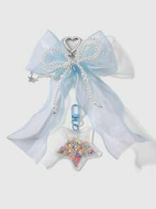 ROMWE Kawaii 1 件优雅简约手工珍珠、粉色/蓝色薄纱蝴蝶结、透明亮片心形星星钥匙扣饰品组合套装，时尚甜美包袋装饰，百搭女士礼物