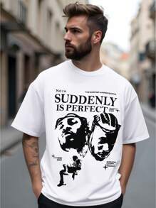 SHEIN Explorewe Casual Loose Fit Boys & Teenagers Short Sleeve T-Shirt With Portrait And Letter Print, Summer Graphic Tee - White - View 7