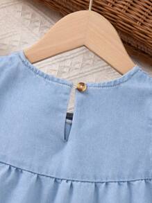 女童牛仔连衣裙带蝴蝶结装饰，夏季可爱小女孩宝宝公主裙，时尚夏装 - 淺色水洗藍 - 查看 5