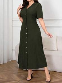 Modelyn Plus Size Solid Color Button Front Summer Short Sleeve Dress Maxi Women Outfit Long Evening Dresses - Army Green - View 5