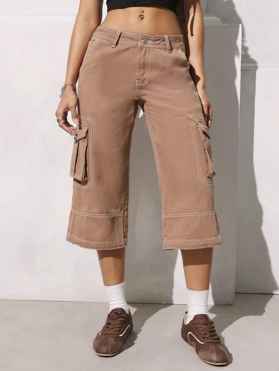 SHEIN EZwear Women's Casual Low-Waist 3/4 Cargo Denim Pants - Brown - View 1