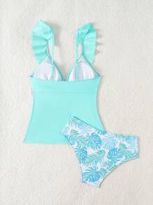 Swim Lushoire 2 件套度假针织植物印花褶饰系带露背吊带背心和比基尼套装女士 - 彩色 - 查看 7