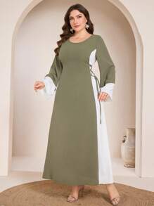 Graceveil Vestido estilo árabe con cuello redondo, diseño modesto de parches y lazo lateral para mujer talla grande