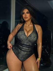 SHEIN Swim Curve Costume da bagno elegante e casual da donna, taglie forti, con arricciature e incrocio sulla parte anteriore, in pizzo