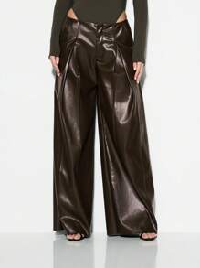 KIZN Winter Faux Leather Wide Leg Pants High Waist Palazzo Trousers Office Work Business Professional Statement Holiday Party Occasion Bottoms