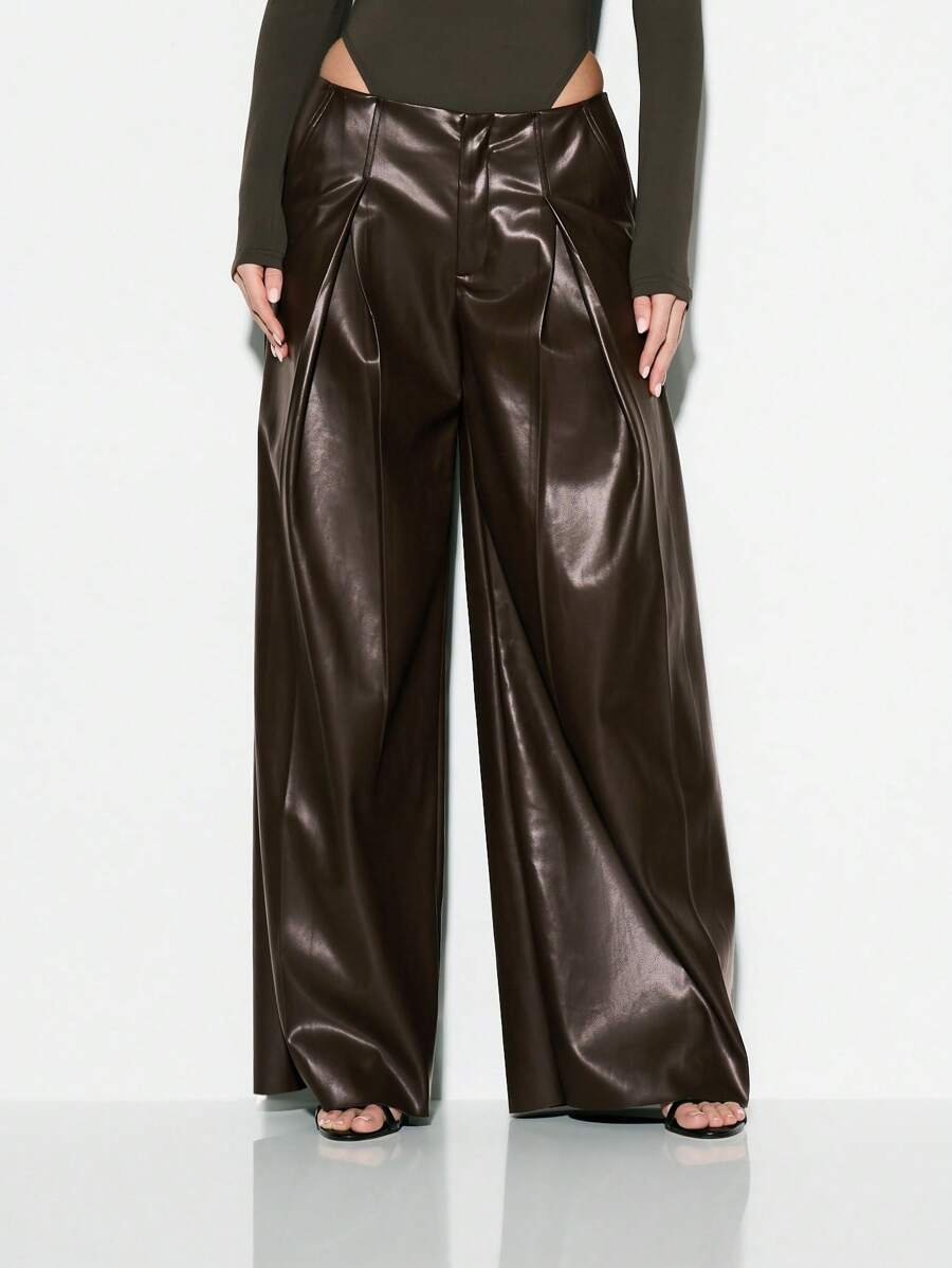 KIZN Winter Faux Leather Wide Leg Pants High Waist Palazzo Trousers Office Work Business Professional Statement Holiday Party Occasion Bottoms