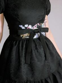 ROMWE Anime 1pc Black Japanese Style Obi Belt, Embroidered Floral & Crane Design Vintage Waist Belt For Dresses