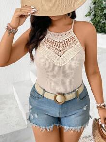 SHEIN Frenchy Áo hở vai ren hoa giản dị cỡ lớn - Màu be - Xem 1