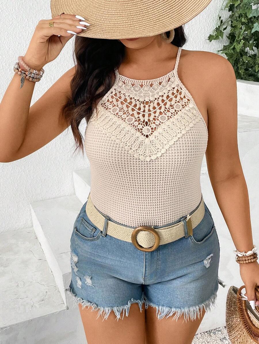 SHEIN Frenchy Áo hở vai ren hoa giản dị cỡ lớn - Màu be - Xem 1