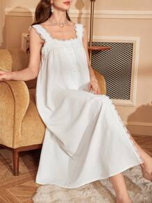 Palace Style Loose Long Nightgown With Lace Patchwork, Single Row Button, Wide Strap, Moo Moo - White - View 3