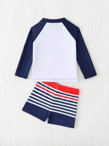 SHEIN 2pcs/Set Baby Boy Swimwear, Cute Cartoon Shark Print Colorblock Long Sleeve Knit Rash Guard And Swim Trunks, Swimsuit Set