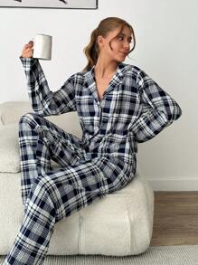 RueChic 2pcs Women Soft Touch Suede Button Front Detail Plaid Pattern PJ Set - Multicolor - View 3