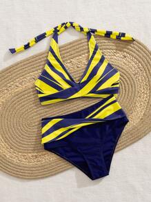 Swim Lushoire Conjunto de bikini de mujer con cuello halter y Bottom de triángulo de cintura alta