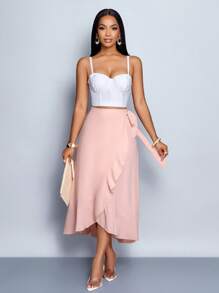 SOLERSUN Solid Wrap Hem Tie Side Skirt Women Skirt - Baby Pink - View 3