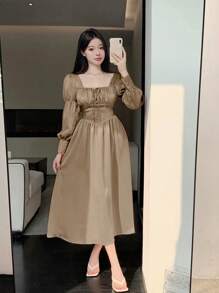 DAZY 女士纯色前系带方领长袖收腰连衣裙、挤奶女工连衣裙、秋季连衣裙 - 棕色 - 查看 5