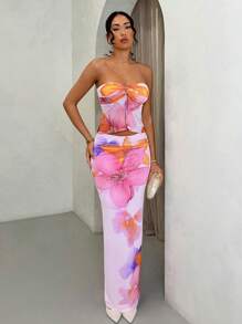 SHEIN BAE 2 件女式夏季纯色花卉印花吊带背心上衣和长款铅笔裙套装，度假装，花卉印花套装 - 粉色 - 查看 1