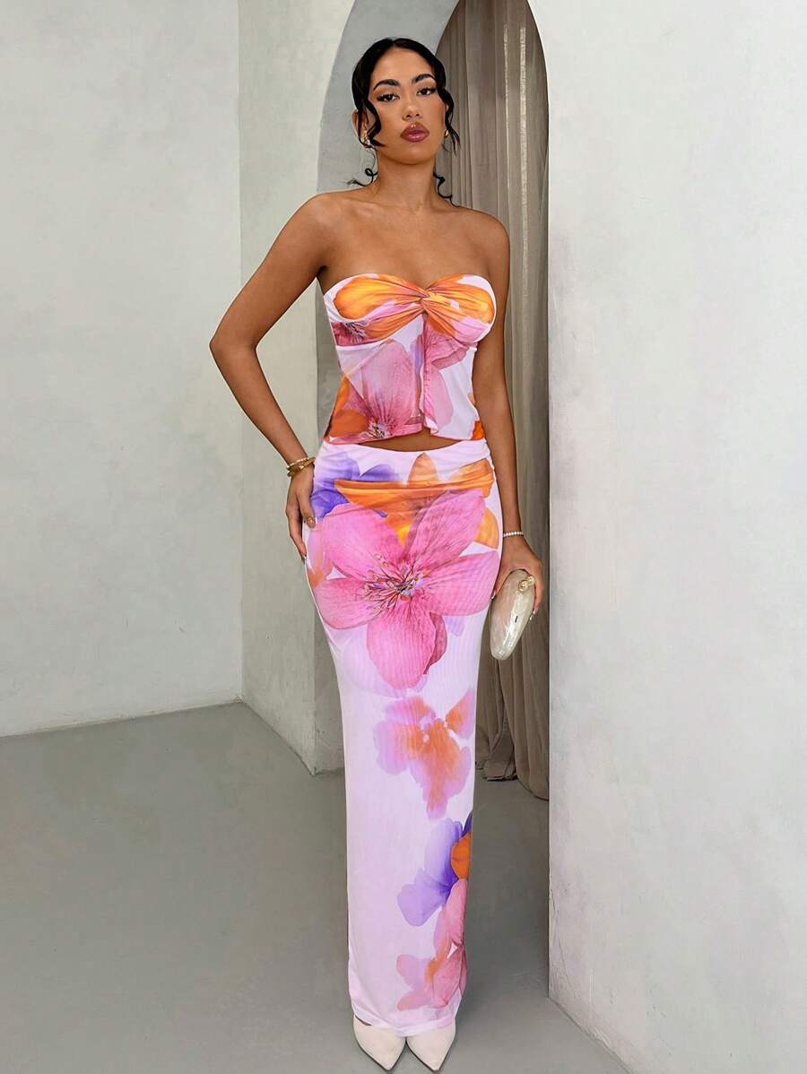 SHEIN BAE 2 件女式夏季纯色花卉印花吊带背心上衣和长款铅笔裙套装，度假装，花卉印花套装 - 粉色 - 查看 1