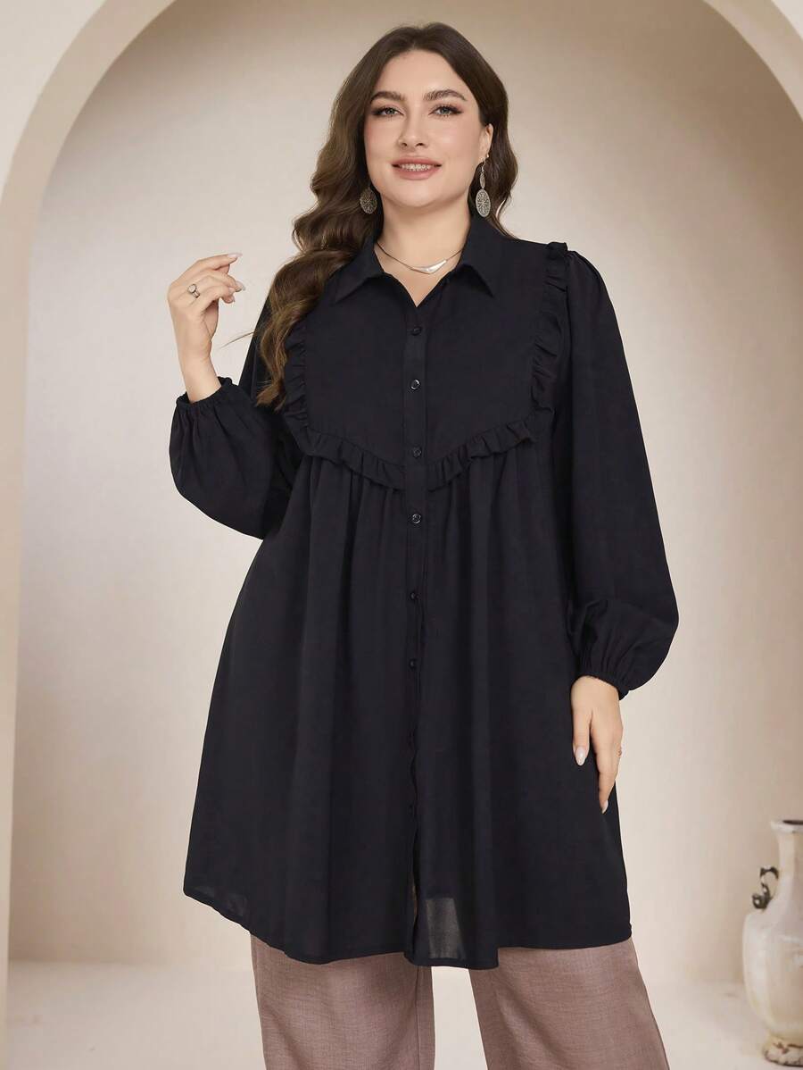 Graceveil Camicia casual con maniche lunghe, vestibilità morbida e tinta unita, adatta per primavera/autunno, taglie comode - nero - Visualizzare 1