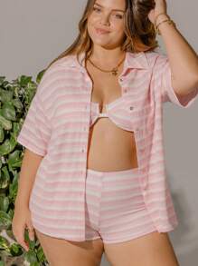 Aralina Plus Size Curve Striped Women Vacation Button Front Short Sleeve Collared Knit Shirt Cover Up