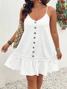 Breezaya Großen Größe V-Ausschnitt ärmelloser vorne geknöpfter Saum Kleid mit Blumen Rüschen Besatz in strukturierter Optik