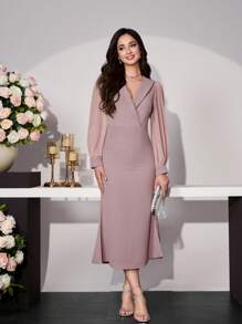 Modelyn Damen entworfenes Mini-Kleid mit Mandarinkragen und Laternenärmeln mit Schlitz - Pink - Übersicht 4