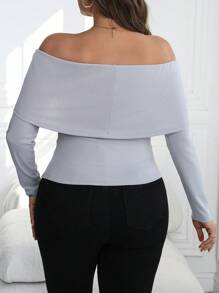 Calvaya Plus Size Women Elegant Gray Knitted Long Sleeve Off Shoulder Decorative Button Slim Fit T-Shirt - Grey - View 2