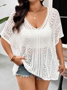 SHEIN Frenchy 大码女式休闲简约度假百搭针织套头衫，白色，适合休闲度假 - 白色 - 查看 4