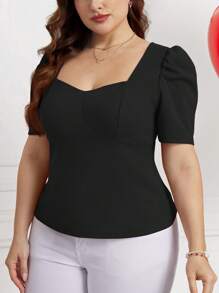 SHEIN Clasi 大码女式优雅情人节紫红色羊腿袖甜心领修身 T 恤，适合工作场所、下午茶、约会、音乐会、派对、复古学院风格 - 黑色 - 查看 4