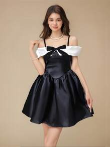 SHEIN 优雅时尚简约露肩无袖高腰撞色蝴蝶结设计少女夏季连衣裙 - 黑色 - 查看 1