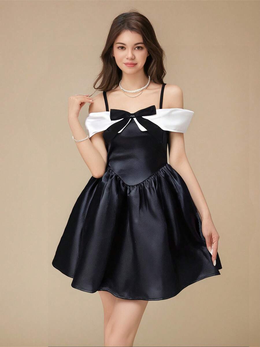 SHEIN 优雅时尚简约露肩无袖高腰撞色蝴蝶结设计少女夏季连衣裙 - 黑色 - 查看 1