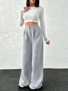 EURMUSE Women Wide Leg Button Detailed Pant Sweatpant - Grey - View 4