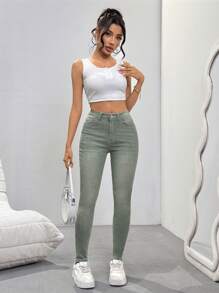 SHEIN Essnce Pantalon en jean simple et décontracté de couleur unie, convenant pour un port quotidien