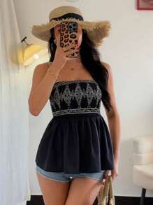 Chiquease 度假休闲流苏绑带复古印花无袖喇叭下摆夏季吊带背心上衣 - 黑色 - 查看 5