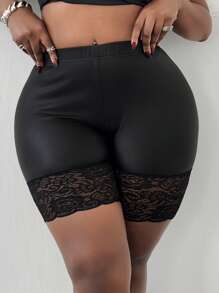 Maweii Leggings casuales y delgados con aplicaciones de encaje en el dobladillo, talla grande - Negro - Ver 6
