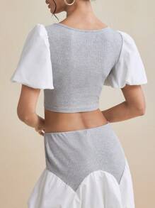 Stephany M Designer Grey Rib White Puff Short Sleeves Cut Out Bow Boat Neck Crop Top - Multicolor - View 2