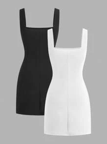 SHEIN EZwear Bộ 2 váy mini xẻ tà không tay xuân/hè mới cho nữ - Đen và trắng - Xem 2