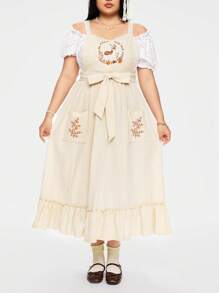 ROMWE Fairycore Women's Pastoral Style Deer Embroidered Apron, Spring/Summer - Green - View 6