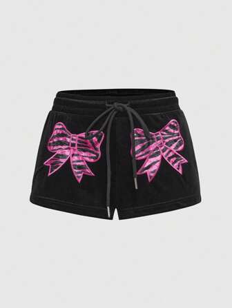 Kawaii Short en velours imprimé zèbre avec nœud et broderie, taille basse style Y2K