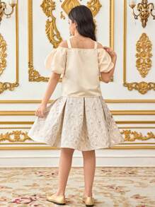 SHEIN Tween-Mädchen 2-teiliges Set, eleganter Anzug mit offener Schulter, Puffärmeln, Schleife, Bluse und Rock