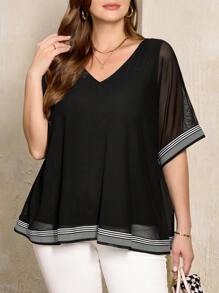 SHEIN LUNE 大码女式夏季黑白织带、黑色网眼拼布蝙蝠袖衬衫 - 黑與白 - 查看 6