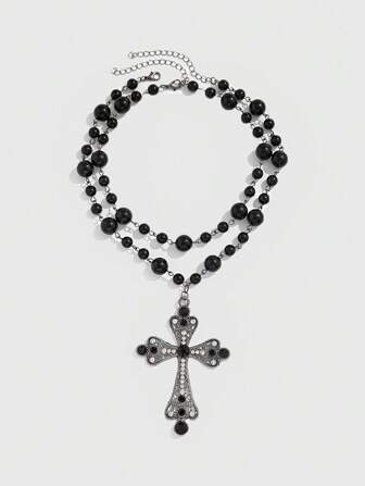 Grunge Punk 2pcs Cross Pendant & Beaded Necklace Set
