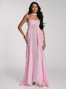 SHEIN BAE Women's Solid Color Ruffled Halter Backless Sleeveless Dress Coverup