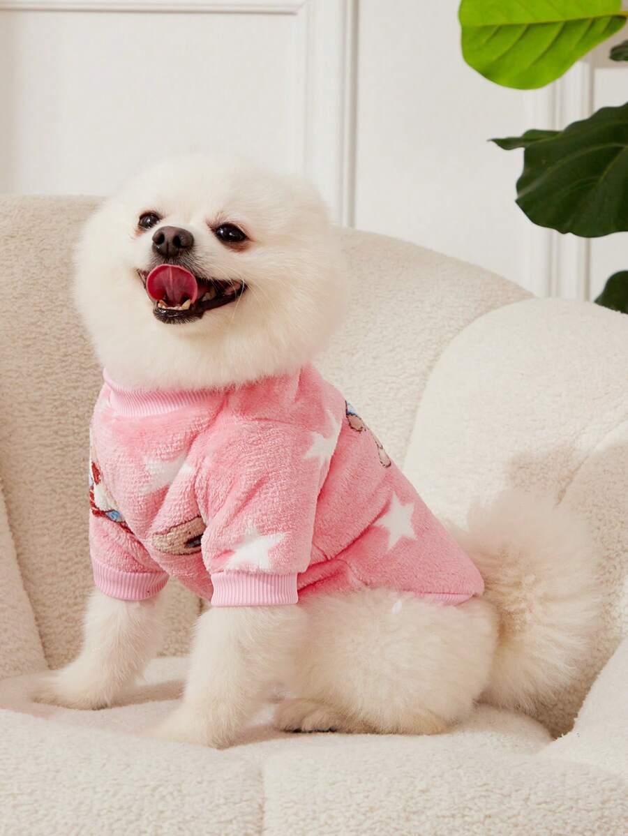 PETSIN 1 件可爱粉色小熊和星星图案抓绒宠物卫衣 - 彩色 - 查看 1
