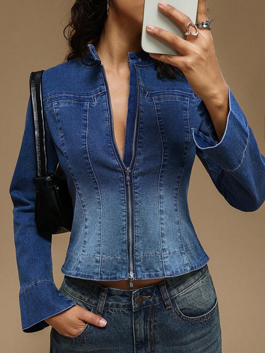 Forever 21 女士休闲牛仔夹克,简约时尚,适合日常穿着 - 寶藍色 - 查看 1
