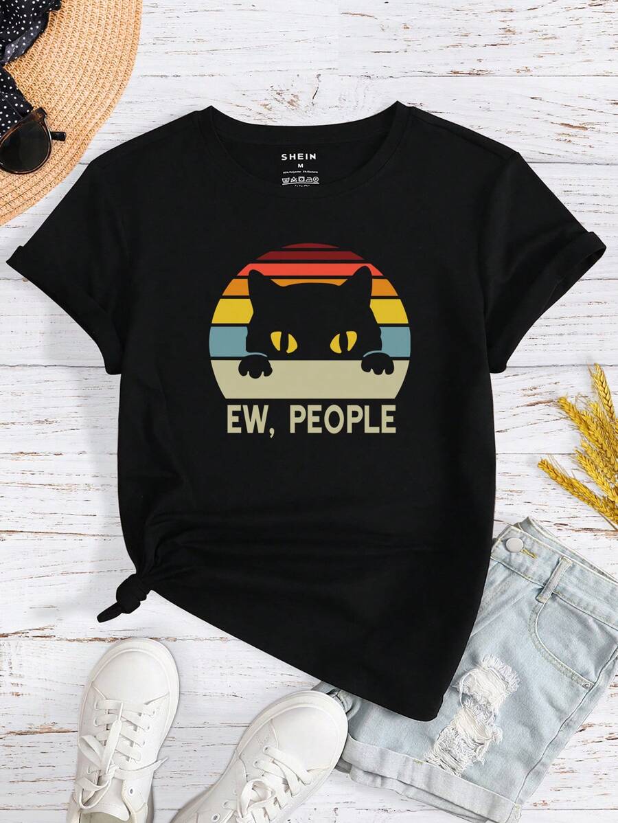 INAWLY 女士休闲圆领短袖字母和猫咪印花 T 恤 - 黑色 - 查看 1