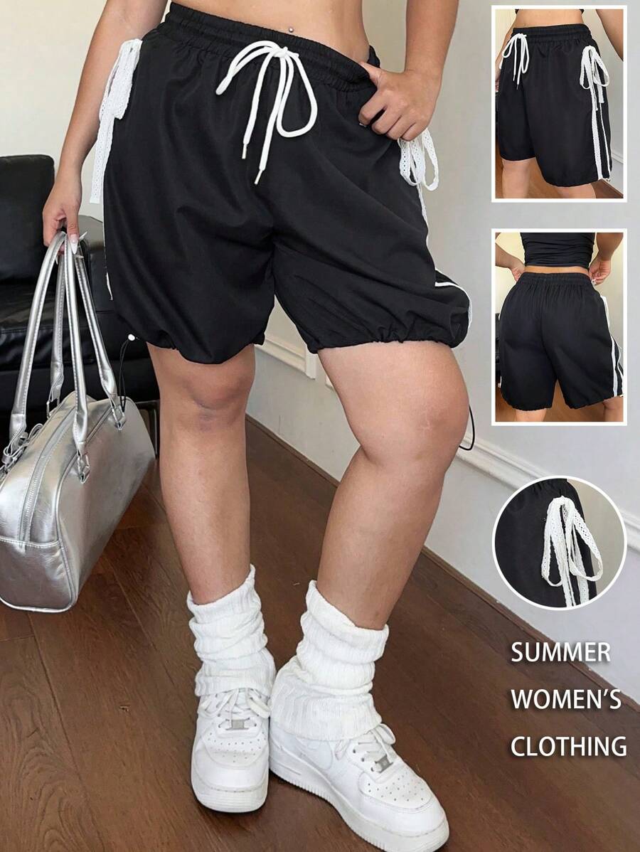Flirla Plus Size Women Elastic Waist Drawstring Pants With Side Trim Edge - Black - View 1